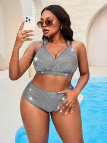 Swim EVENT Plus Size Women 2pcs Glitter Sequin Strap Sexy Bikini Swimwear Set For Summer Beach Vacation - Silver - View 4