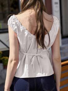 Jouncy Women's Solid Color Front Tie Raglan Short Sleeve Casual T-Shirt - White - View 2