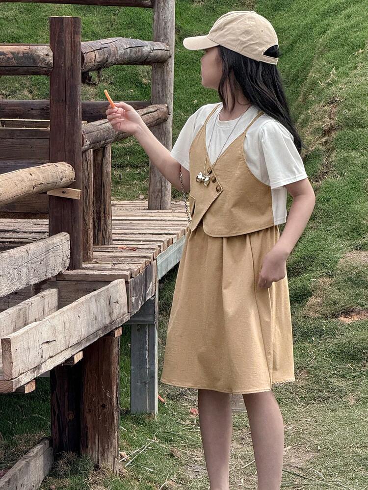 2pcs/Set Tween Girl Girls Colorblock Short Sleeve 2 In 1 Top And Skirt Set For Summer