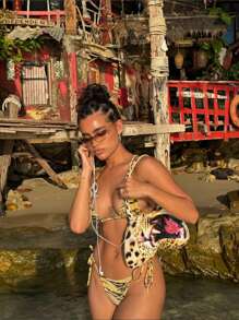 Swim SXY Women's Summer Sexy 2pcs Random Floral Print Halter Tie-Up Bikini Set - Multicolor - View 1