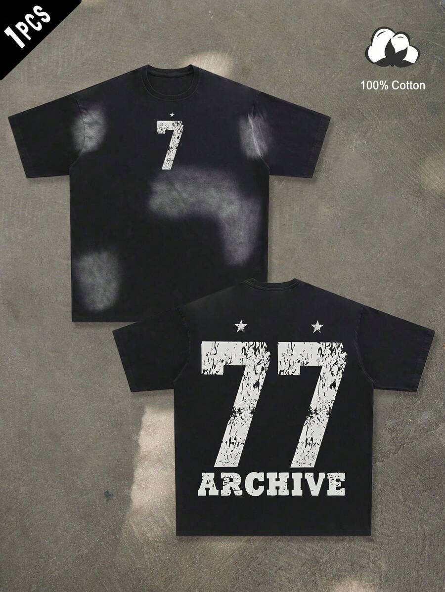 Manfinity EMRG 男士圆领短袖数字图案 T 恤，休闲日常穿着，街头穿着，男朋友礼物，外出穿着 - 黑色 - 查看 1