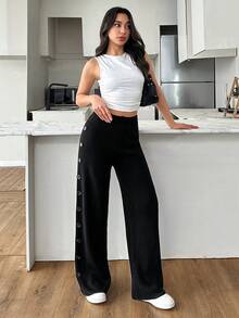 EURMUSE Buttoned Elegance: Side Detail Knit Trousers Women - Black - View 3