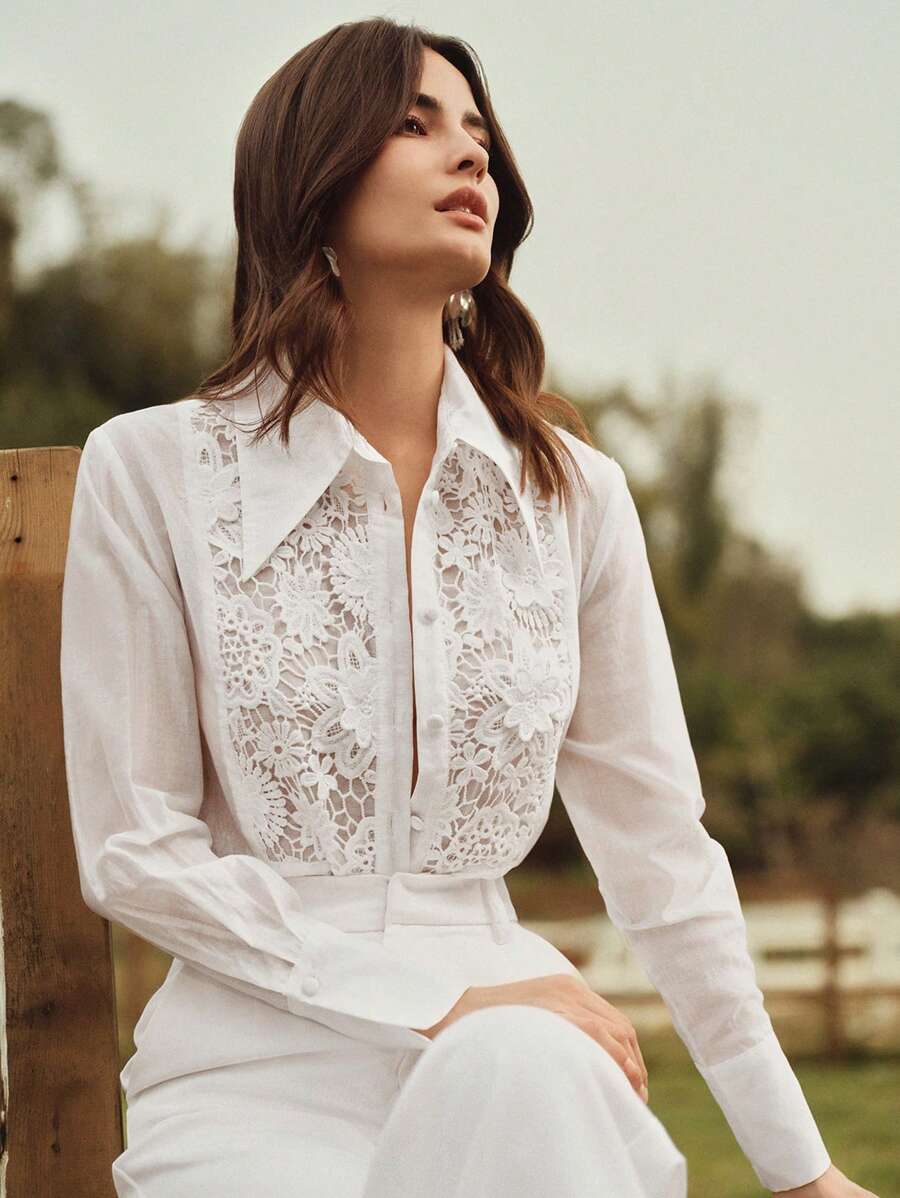Anewsta 女士蕾丝贴花领宽松衬衫，节日外出 - 白色 - 查看 1