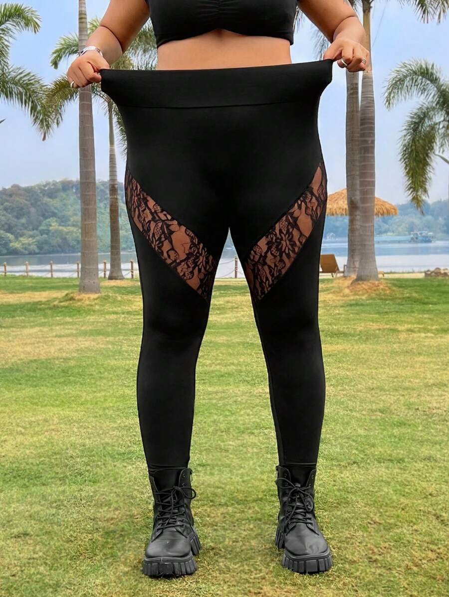 SHEIN EZwear Black Plus Size Lace Trim Leggings - Black - View 1