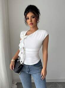 Elenzga Dames Lente/Zomer Elegante Modieuze Getailleerde Gerimpelde 3D Bloemen Decoratieve Gebogen Zoom Korte Mouw T-shirt, Geschikt Voor Dagelijks Casual, Feest, Woon-werkverkeer