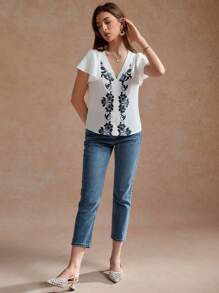 Écloséra 女士休闲 V 领花卉荷叶边袖宽松衬衫 - 彩色 - 查看 6