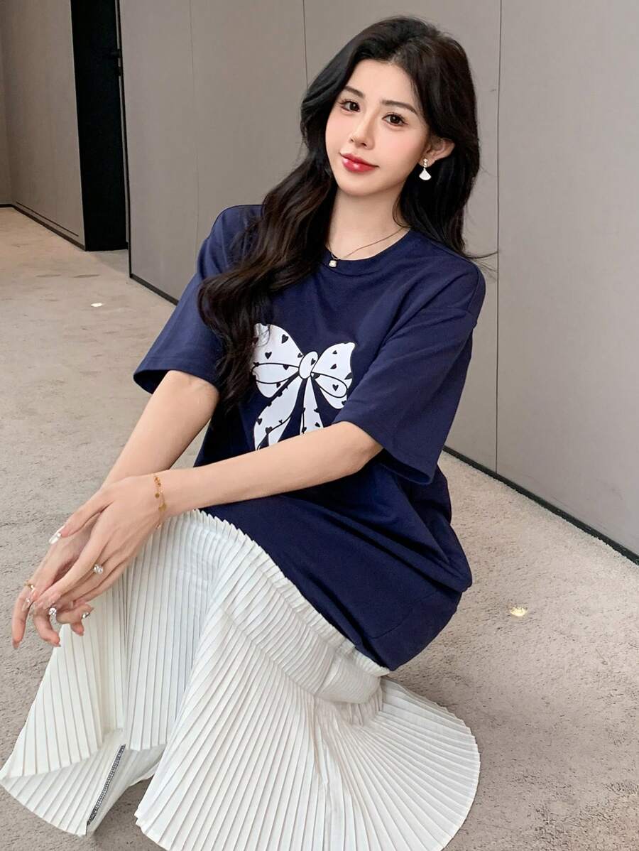 DAZY Women's Bow Patchwork Round Neck Short Sleeve Casual Dress Sundress Maxi Dress - Navy Blue - View 1