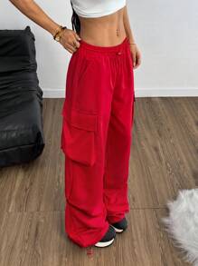Coolane Pantalones cargo con bolsillo de solapa rojo, cordón en la cintura