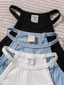 SHEIN Tank Top Tanpa Lengan Kerah Tinggi Bergaris Jacquard untuk Anak Perempuan, Cocok untuk Musim Panas, Liburan, Atasan Liburan Pantai untuk Anak Perempuan di Musim Panas - MultiWarna - View 4