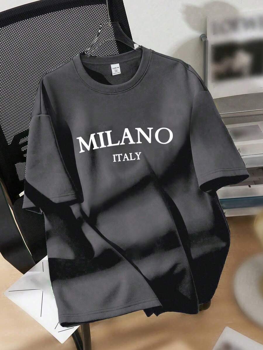 SHEIN EZwear 超大款 MILANO 英文图案圆领短袖 T 恤，休闲宽松女款，适合夏季 - 深灰色 - 查看 1