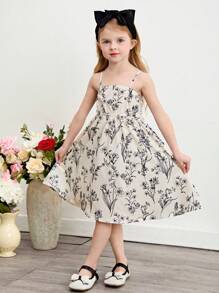 SHEIN Leap Crew 2pcs/Set Young Girl Solid Color Cropped Jacket And Ditsy Floral Spaghetti Strap Dress - Black and White - View 5