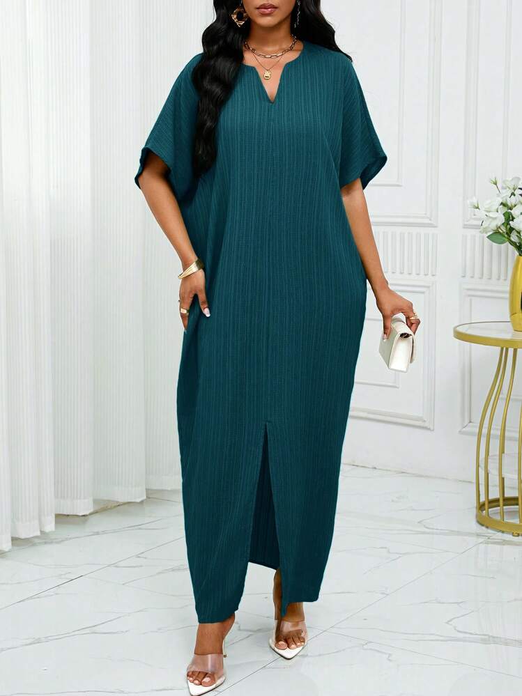 SHEIN Lady Autumn And WinterWorkGreenNotchedBatwing SleeveKaftan Dress - Blue - View 6