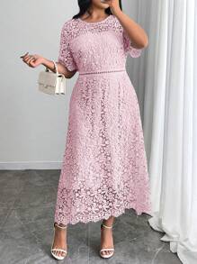 SHEIN Clasi Đầm ren hoa cổ tròn tay ngắn thanh lịch cho nữ cỡ lớn - Màu Hồng baby - Xem 3