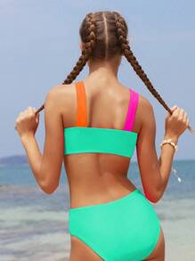 SHEIN Conjunto de bikini de bloques de color para adolescentes, traje de baño casual para la playa
