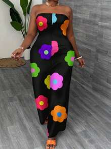Slaydiva 休闲简约花卉印花露肩连体裤，一体式阔腿裤，加大码 - 彩色 - 查看 2