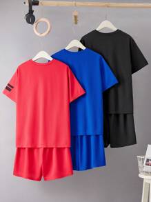 SHEIN مجموعة من 6 قطع من تي شيرت و شورت كاجوال ذو أكمام قصيرة للمراهقين الصبية، بلباس رياضي للشارع والبانك والروك والمدرسة واليومي والحفلات والمهرجانات، مناسب للربيع/الصيف، باللون الأزرق والأسود والرمادي