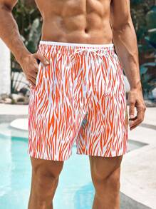 Manfinity VDAYZ Men Zebra Patterned Print Drawstring Waist Beach Shorts (Asymmetrical Print) - Orange - View 5