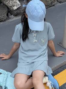 DAZY 2 件套青少年女孩针织领短袖 T 恤和裙子套装，夏季，返校服装 - 藍色 - 查看 8