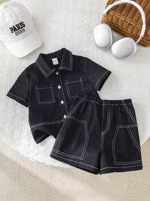 2pcs/Set Baby Boy/Girl Casual School Chic Oversized Top/Shirt With Elastic Waist Shorts Outfit, Suitable For Spring/Summer Indoor And Outdoor Wear