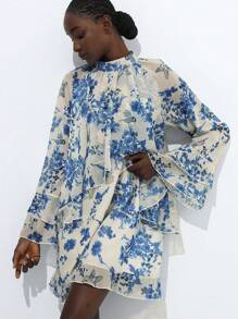 Aveloria Modichic Chic Ruffled Floral Print Long Sleeve Flare Sleeve Sheer Mini Dress For Women, Suitable For Valentine's Day, Spring Season Fall Cloth For Women - Multicolor - View 2