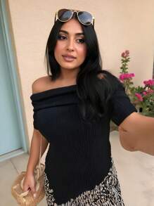 SHEIN Essnce 大码女式春夏时尚休闲舒适日常黑色纹理面料露肩修身短袖 T 恤，适合夏季女士、狂欢、曲线上衣、工作上衣、演唱会女式上衣 - 黑色 - 查看 6