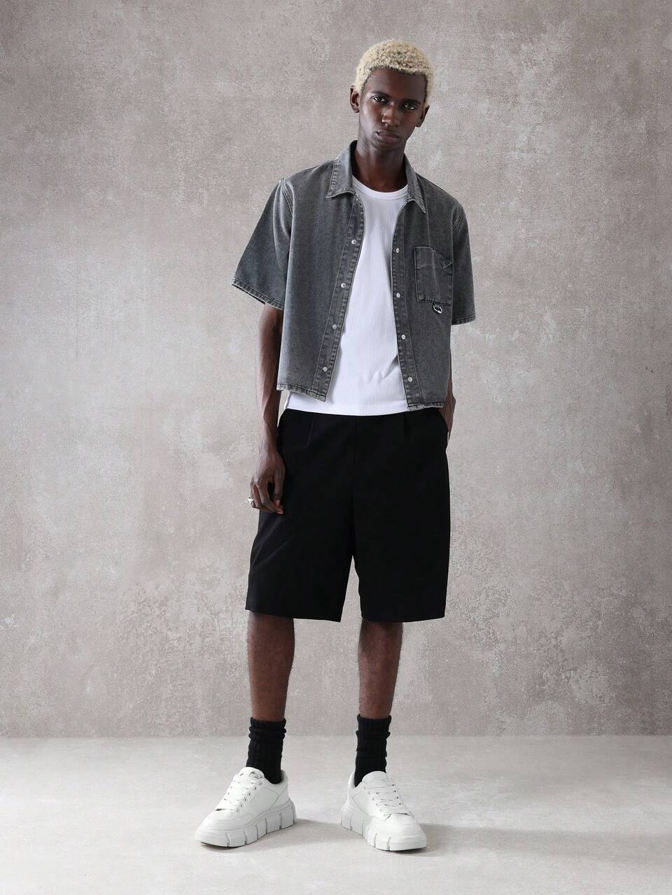 Men Oversized Button-Up Denim Shirt With Metal Detail