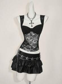 SHEIN ICON 女士时尚褶皱蕾丝后背结饰吊带背心