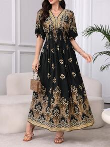 SHEIN Lacomfia 女士休闲印花 V 领短袖优雅连衣裙 - 黑色 - 查看 2