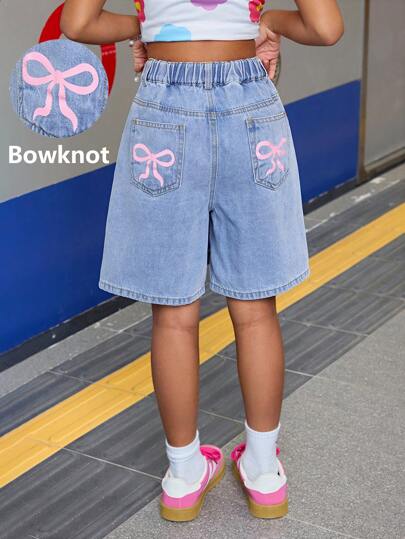 SHEIN Tween Girls Sommar Boho Casual Lätt Tvättad Lös Baggy Casual Denim Jeans Långa Shorts Med Rosettdekoration, Flickors Sommar Strandkonsert Rave Outfits