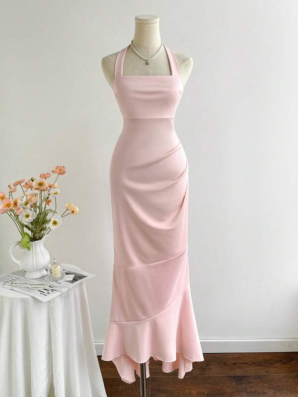 Elamini Women's Elegant Ruffle Mermaid Hem Halter Neck Dress, Pink