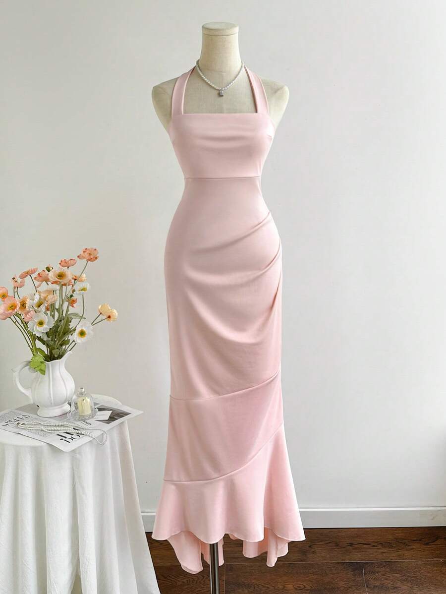 Elamini 女士优雅荷叶边美人鱼下摆挂脖连衣裙，粉色