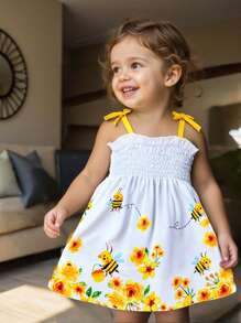 Baby Girl Dress With Floral Print Skirt And Contrast Bow Shoulder Straps, Summer - White - View 1
