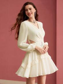 MOTF PREMIUM 水钻细节荷叶边连衣裙，情人节装 - 杏色 - 查看 4