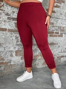 EMERY ROSE 大码女式高腰褶皱休闲紧身裤 - 酒紅色 - 查看 3