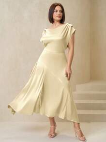 SHEIN Clasi Vestido asimétrico de mujer talla grande de primavera, con hombros recogidos en satén, elegante y con estilo