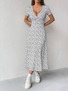 SHEIN PETITE Women Casual Ditsy Floral Waist Cinched Dress Maxi Women Outfit - Multicolor - View 5