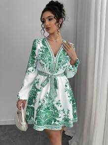 Chiquease Women's Vacation Floral Print Lantern Sleeve Fashion Dress - Green - View 6