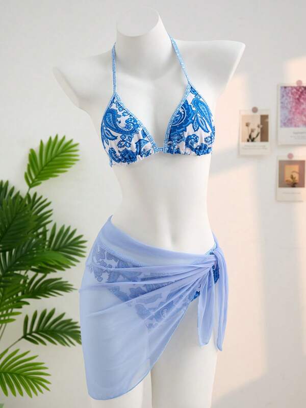 SHEIN Conjunto de 3 peças de Roupa de Banho para Adolescentes: Top de Maiô Bikini Floral Azul e Branco, Shorts e Saia com Amarração na Cintura, para o Verão