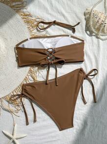 SHEIN Swim Women's Unique Lace Trim Brown Bikini Swimwear With Adjustable Strap Summer Beach Outfit - Brown - View 3