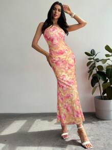 Firerie 优雅女士花卉印花单肩美人鱼下摆扭褶荷叶边长裙，适合度假、约会、音乐节 - 淡黃色 - 查看 4
