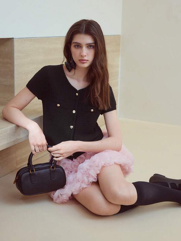 MOTF STUDIO BUTTON UP SHORT SLEEVE KNIT TOP