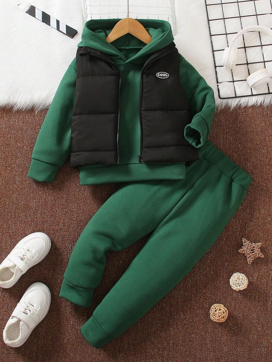 SHEIN Young Boy Letter Patched Vest Coat & Thermal Hoodie & Sweatpants - Army Green - View 1