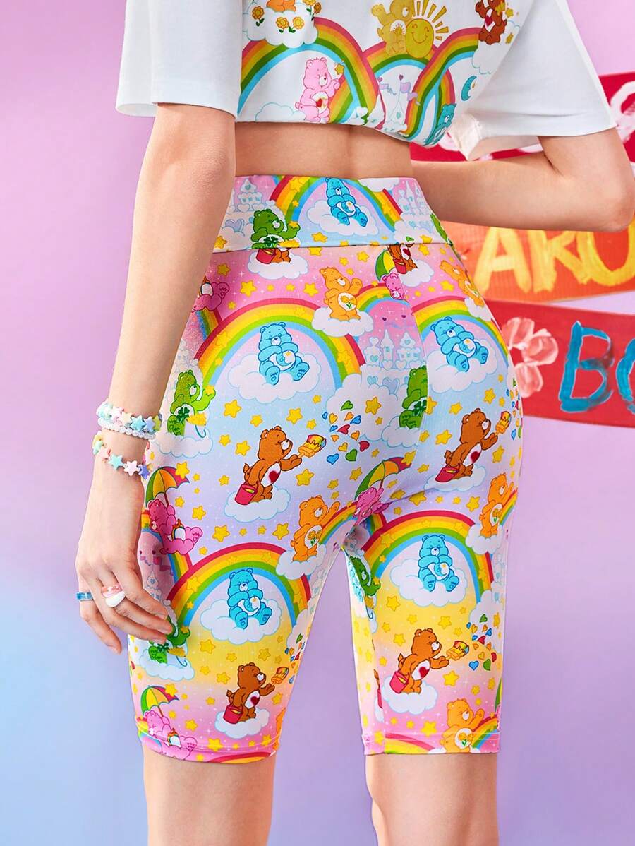 SHEIN X Care Bears 女士可爱卡通熊印花骑行短裤，夏季