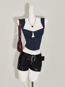 SHEIN ICON Women's Y2k Office Wwomen Outfits Casual Tie Front Striped Wide Strap Tank Top For Everyday Wear