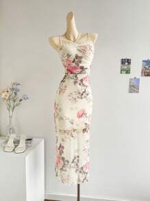 SHEIN Privé 大码女式花卉蕾丝拼接长款修身连衣裙，夏季 - 彩色 - 查看 7