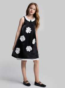 Ontre Vestido pullover sencillo y versátil para niñas preadolescentes de primavera/verano, con cuello acanalado, espalda en V, línea A, adorno floral en el frente de satén, para salidas, hogar, escuela y fiestas - Negro - Ver 5