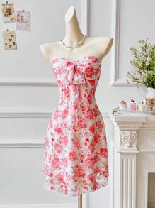 INAWLY Women's Floral Print Front Knot Bandeau Short Dress, Vacation Wear - Pink - View 1