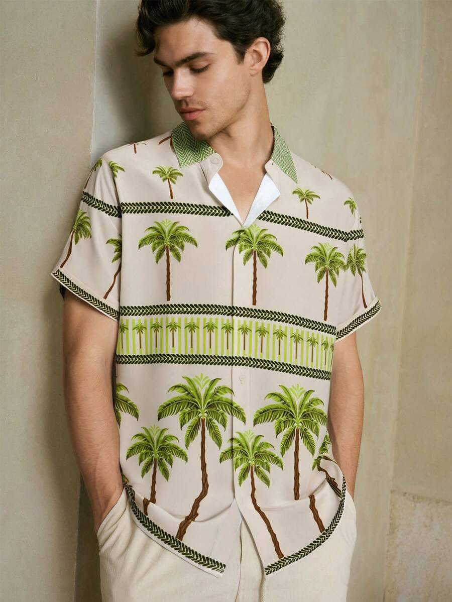 GENTILAND Men's Casual Slim Fit Palm Tree Printed Woven Short Sleeve Shirt, Suitable For Vacations - Multicolor - View 1