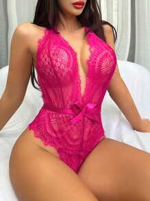 SHEIN 1 件女士深 V 领蝴蝶结蕾丝性感紧身衣蝴蝶结外出装 - 玫紅色 - 查看 3