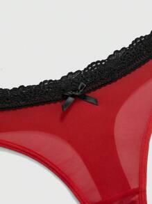 ROMWE Kawaii 3pcs Pack Women's Romantic Bow, Heart Print Mesh Lace Patchwork Contrast Color Narrow Briefs Set - Multicolor - View 4